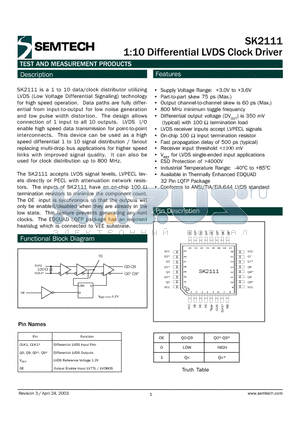 SK2111 datasheet - 1:10 DIFFERENTIAL LVDS CLOCK DRIVER