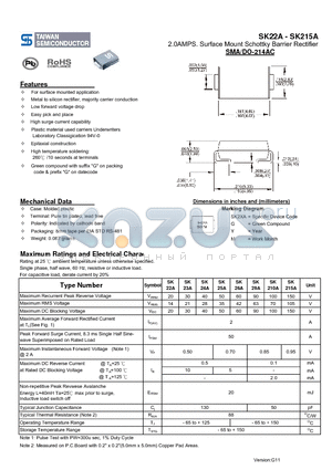 SK22A datasheet - 2.0AMPS. Surface Mount Schottky Barrier Rectifier