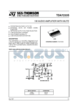 TDA7233S datasheet - 1W AUDIO AMPLIFIER WITH MUTE