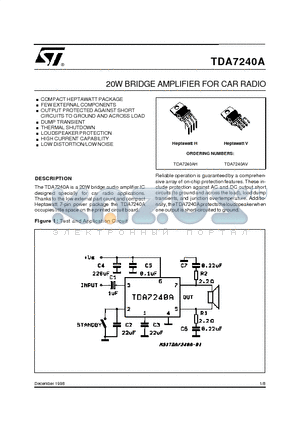 TDA7240 datasheet - 20WBRIDGE AMPLIFIER FOR CAR RADIO