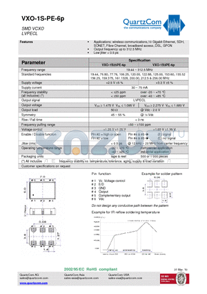 VXO-1S3PE-6P datasheet - SMD VCXO LVPECL SONET, Fibre Channel, broadband access, DSL, GPON