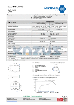 VXO-P9-3DS-6P datasheet - SMD VCXO LVDS Output frequency up to 312.5 MHz