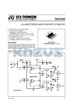 TDA7262 datasheet - 2020W STEREO AMPLIFIER WITH STAND-BY