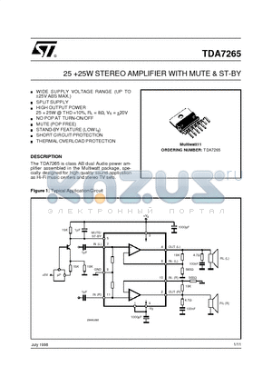 TDA7265 datasheet - 25 25W STEREO AMPLIFIER WITH MUTE & ST-BY