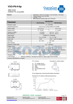 VXO-P9-H-6P datasheet - SMD VCXO HCMOS/TTL compatible Output frequency up to 200 MHz