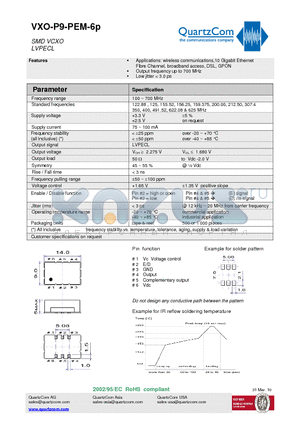 VXO-P9-PEM-6P datasheet - SMD VCXO LVPECL Output frequency up to 700 MHz