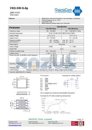 VXO-SW-3S-8P datasheet - SMD VCXO Sine wave Output frequency up to 1 GHz