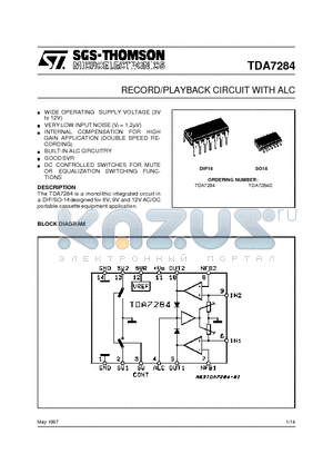 TDA7284D datasheet - RECORD/PLAYBACK CIRCUIT WITH ALC