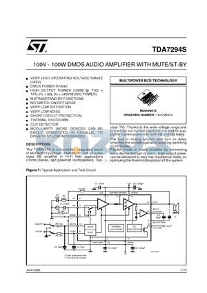 TDA7294S datasheet - 100V - 100W DMOS AUDIO AMPLIFIER WITH MUTE/ST-BY