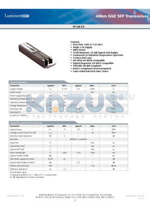 SP-GB-EX-CNA datasheet - 40km GbE SFP Transceiver