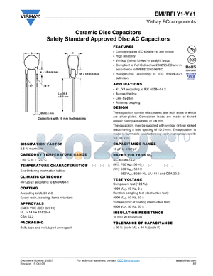 VY1681M31Y5UQ6 datasheet - Ceramic Disc Capacitors Safety Standard Approved Disc AC Capacitors