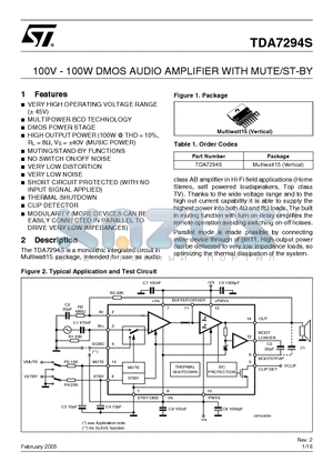 TDA7294S_05 datasheet - 100V - 100W DMOS AUDIO AMPLIFIER WITH MUTE/ST-BY