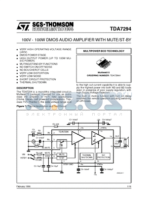 TDA7294V datasheet - 100V - 100W DMOS AUDIO AMPLIFIER WITH MUTE/ST-BY