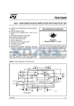 TDA7296S datasheet - 60V - 60W DMOS AUDIO AMPLIFIER WITH MUTE/ST-BY