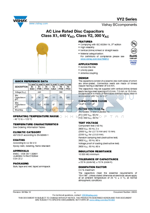 VY2331K29Y5SS6 datasheet - AC Line Rated Disc Capacitors Class X1, 440 VAC, Class Y2, 300 VAC