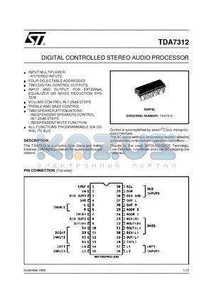 TDA7312 datasheet - DIGITAL CONTROLLED STEREO AUDIO PROCESSOR