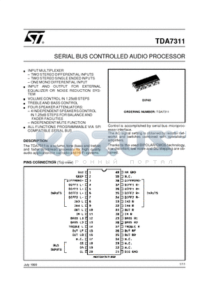 TDA7311 datasheet - SERIAL BUS CONTROLLED AUDIO PROCESSOR