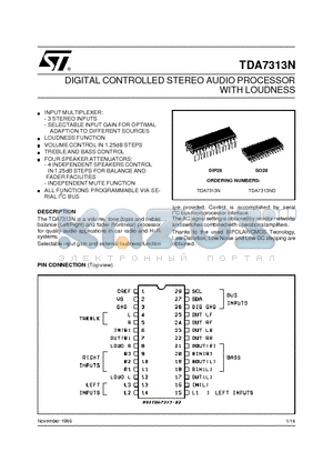 TDA7313N datasheet - DIGITAL CONTROLLED STEREO AUDIO PROCESSOR WITH LOUDNESS