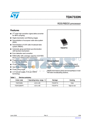 TDA7333NTR datasheet - RDS/RBDS processor