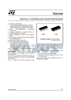 TDA7343 datasheet - DIGITALLY CONTROLLED AUDIO PROCESSOR