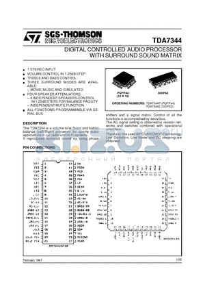 TDA7344P datasheet - DIGITAL CONTROLLED AUDIO PROCESSOR WITH SURROUND SOUND MATRIX