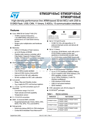 STM32F103REH6XXX datasheet - High-density performance line ARM-based 32-bit MCU with 256 to 512KB Flash, USB, CAN, 11 timers, 3 ADCs, 13 communication interfaces