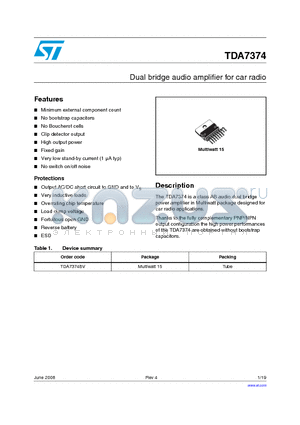 TDA7374 datasheet - Dual bridge audio amplifier for car radio