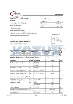 SP000096438 datasheet - CoolMOS Power Transistor