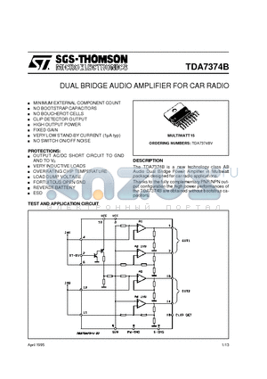 TDA7374BV datasheet - DUAL BRIDGE AUDIO AMPLIFIER FOR CAR RADIO