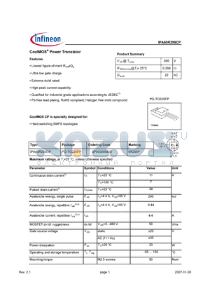 SP000096438 datasheet - CoolMos Power Transistor