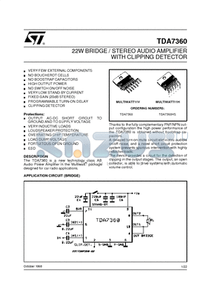 TDA7360HS datasheet - 22W BRIDGE / STEREO AUDIO AMPLIFIER WITH CLIPPING DETECTOR