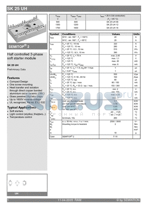 SK25UH datasheet - Half controlled 3-phase soft starter module