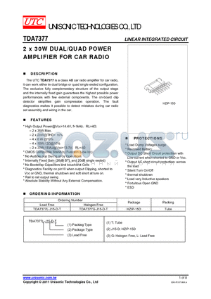 TDA7377G-J15-D-T datasheet - 2 x 30W DUAL/QUAD POWER AMPLIFIER FOR CAR RADIO