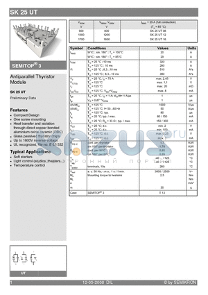 SK25UT08 datasheet - Antiparallel Thyristor Module