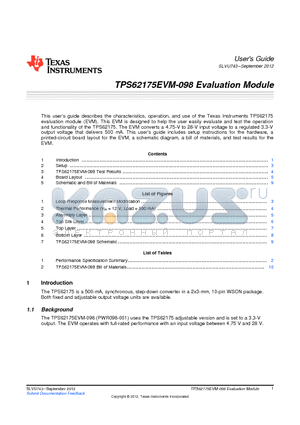 TPS62175EVM-098 datasheet - This users guide describes the characteristics, operation, and use of the Texas Instruments TPS62175 evaluation module (EVM).