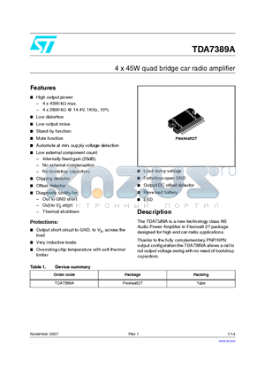 TDA7389A datasheet - 4 x 45W quad bridge car radio amplifier