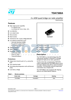 TDA7388A datasheet - 4 x 42W quad bridge car radio amplifier