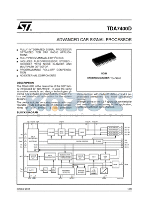 TDA7400D datasheet - ADVANCED CAR SIGNAL PROCESSOR