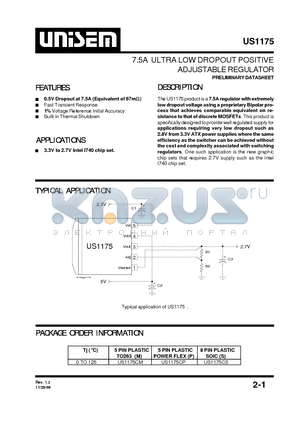 US1175CP datasheet - 7.5A ULTRA LOW DROPOUT POSITIVE ADJUSTABLE REGULATOR