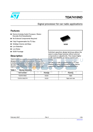 TDA7410ND datasheet - Signal processor for car radio applications