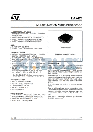 TDA7420 datasheet - MULTIFUNCTIONAUDIO PROCESSOR