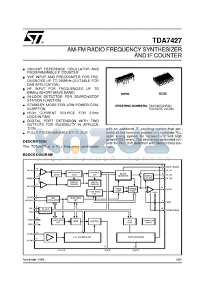 TDA7427 datasheet - AM-FM RADIO FREQUENCY SYNTHESIZER AND IF COUNTER