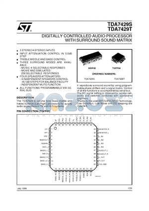 TDA7429S datasheet - DIGITALLY CONTROLLED AUDIO PROCESSOR WITH SURROUND SOUND MATRIX