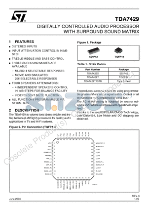 TDA7429T datasheet - DIGITALLY CONTROLLED AUDIO PROCESSOR WITH SURROUND SOUND MATRIX