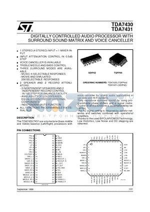 TDA7430 datasheet - DIGITALLY CONTROLLED AUDIO PROCESSOR WITH SURROUND SOUND MATRIX AND VOICE CANCELLER