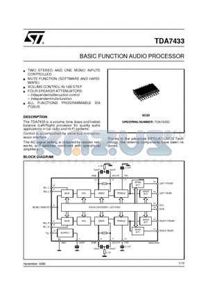 TDA7433D datasheet - BASIC FUNCTION AUDIO PROCESSOR