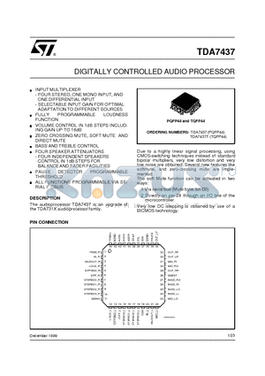 TDA7437T datasheet - DIGITALLY CONTROLLED AUDIO PROCESSOR
