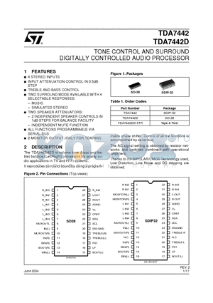 TDA7442D013TR datasheet - TONE CONTROL AND SURROUND DIGITALLY CONTROLLED AUDIO PROCESSOR