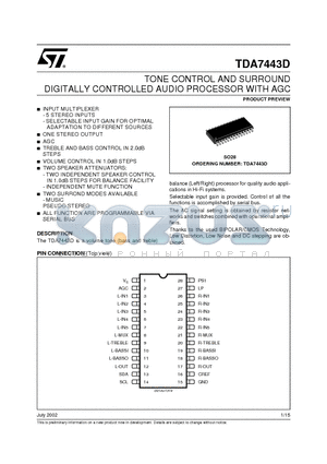 TDA7443D datasheet - TONE CONTROL AND SURROUND DIGITALLY CONTROLLED AUDIO PROCESSOR WITH AGC