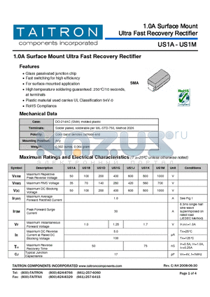 US1A datasheet - 1.0A Surface Mount Ultra Fast Recovery Rectifier